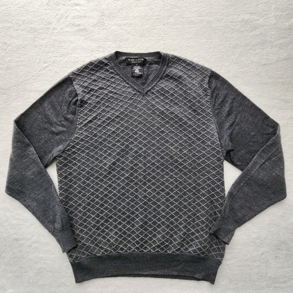 Marco Fiori 100% Merino Wool Sweater Mens M Gray Knit Made Italy Luxury Preppy